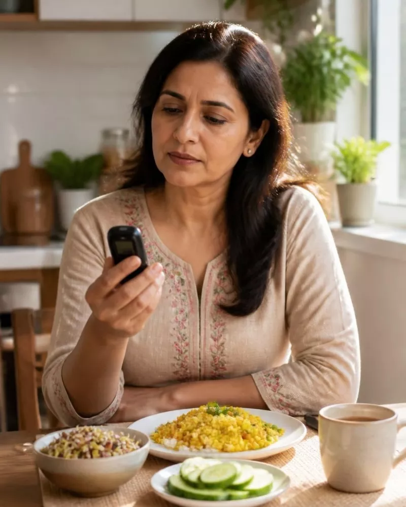 Indian woman checking her fasting blood sugar with a glucometer while sitting at a healthy breakfast table.