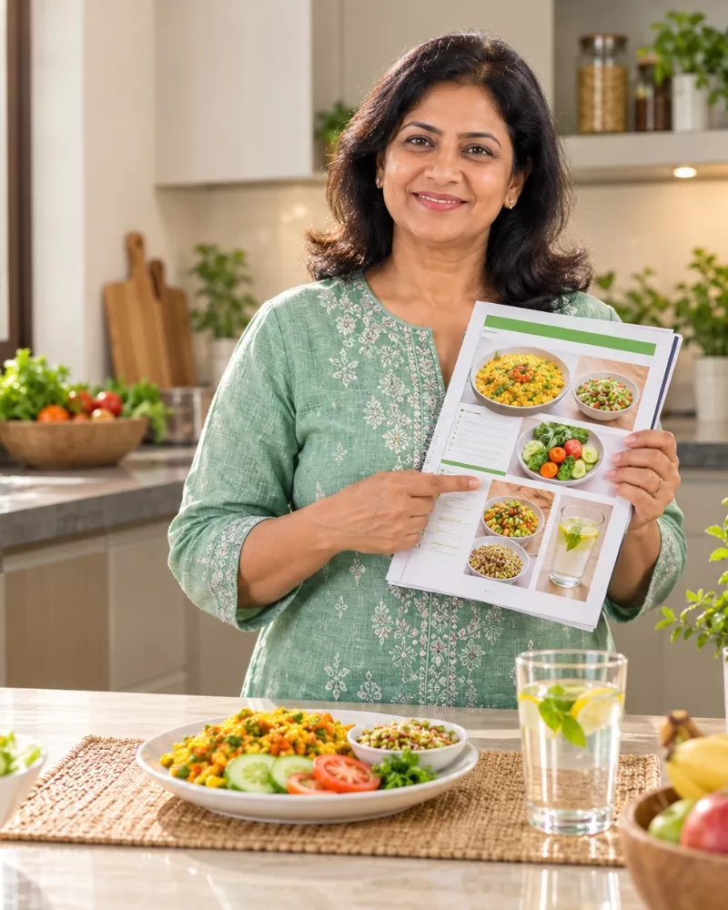 Indian woman confidently holding a healthy meal plan in a modern kitchen with fresh vegetables and nutritious Indian food.