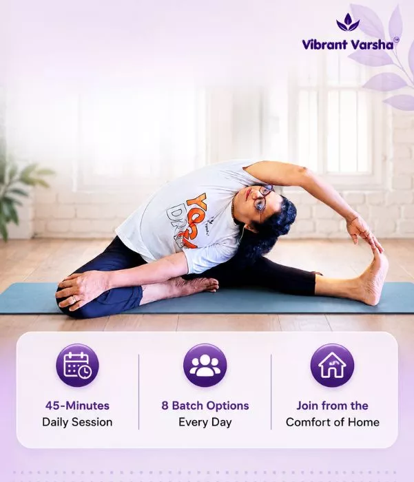 Online Yoga for Weight Management | Vibrant Varsha 3 - VIBRANT VARSHA Varsha Anthony, Yoga Shiromani, demonstrating a yoga pose during a daily yoga session