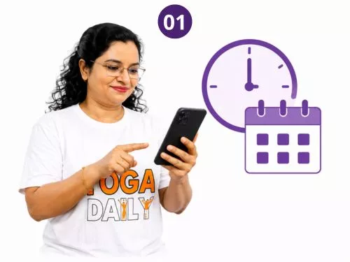 Online Yoga for Weight Management | Vibrant Varsha 4 - VIBRANT VARSHA Woman checking her phone while choosing an online yoga batch timing